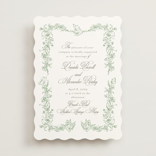 This is a mint wedding invitations with standard by Melinda Denison called romantic garden printing on signature in standard