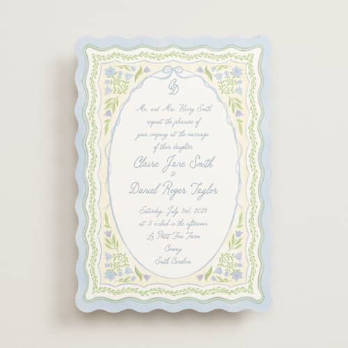 This is a powder blue wedding invitations with standard by Creo Study called folk garden printing on signature in standard