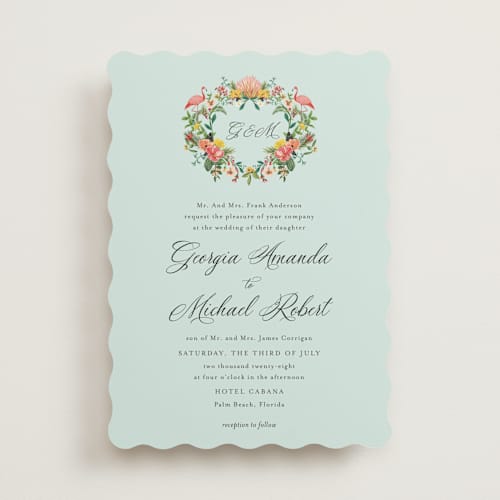 This is a papaya wedding invitations with standard by Susan Moyal called tropical crest printing on signature in standard