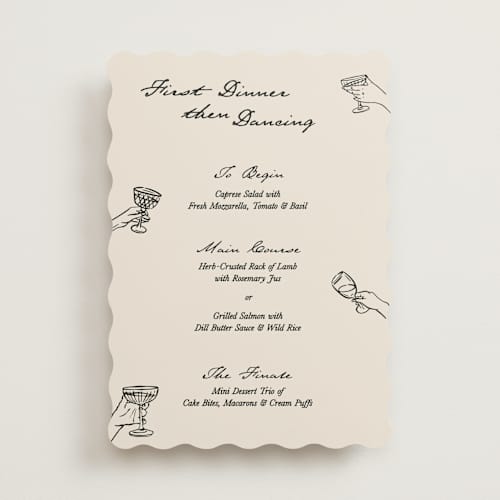 This is a tuxedo menu cards with standard by Opal and Helene called first dinner, then dancing printing on signature in standard
