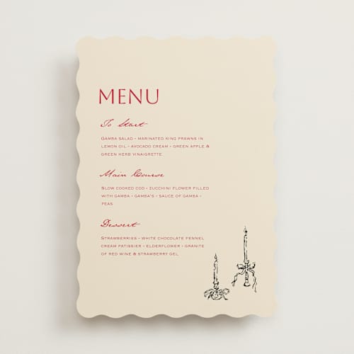This is a champagne menu cards with standard by Draft and Wed called scalloped candlesticks printing on signature in standard