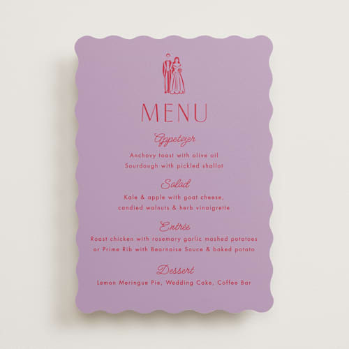 This is a lavender menu cards with standard by Becky Nimoy called cake topper printing on signature in standard
