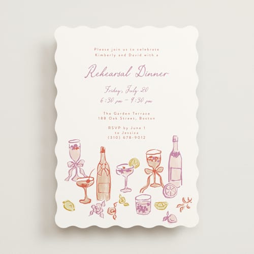 This is a orchid rehearsal dinner invitations with standard by Cass Loh called cocktails and laughter printing on signature in standard