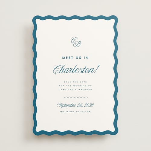 This is a ocean save the date with standard by Kelly Schmidt called meet us printing on signature in standard