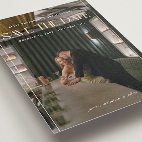 This is a cloud foil stamped save the date cards with foil pressed by Paula Pecevich called cover editorial printing on recycled smooth signature in grand