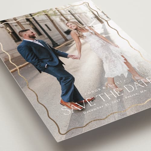 This is a cloud foil stamped save the date cards with foil pressed by Kaydi Bishop called scalloped border printing on recycled smooth signature in grand