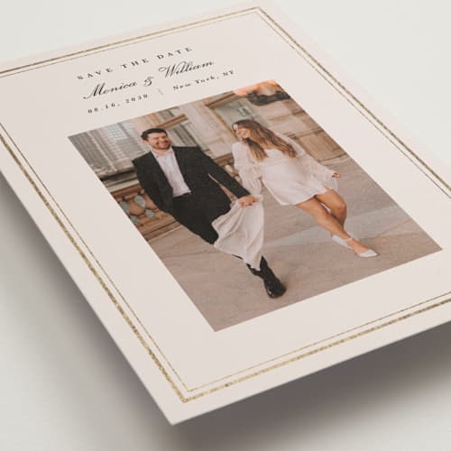 This is a ivory foil stamped save the date cards with foil pressed by Christy Hy Lee called refine frame printing on recycled smooth signature in grand