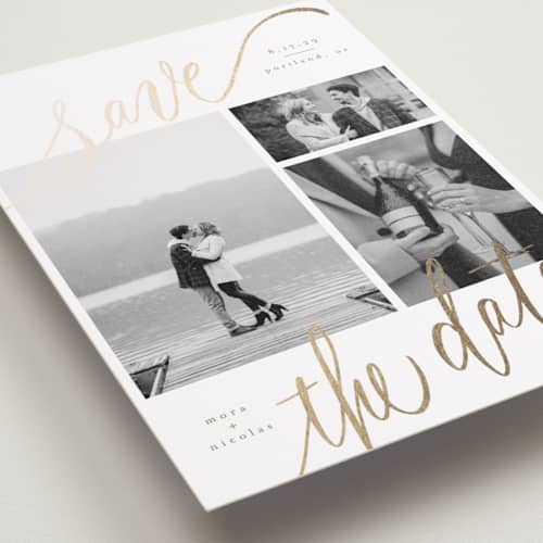 This is a veil foil stamped save the date cards with foil pressed by Elsa Duncan called tri-photo save the date printing on recycled smooth signature in grand