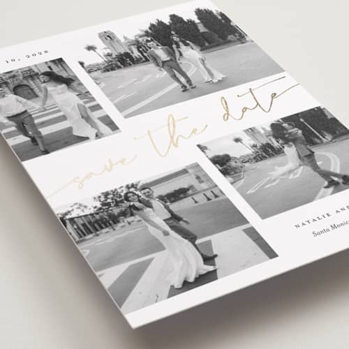 This is a snow foil stamped save the date cards with foil pressed by Sarah Curry called minimal holiday gallery printing on recycled smooth signature in grand