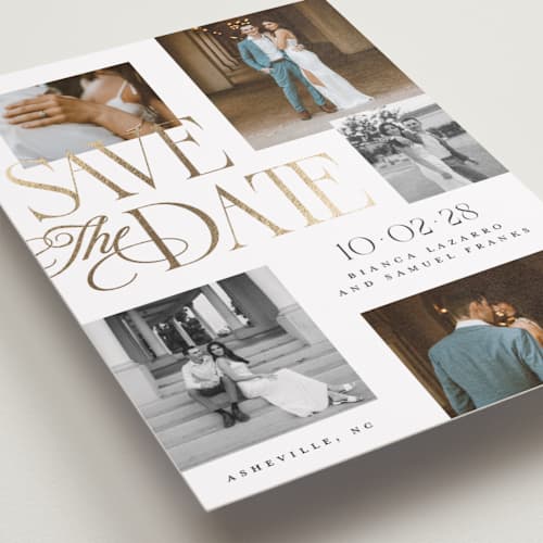 This is a paperwhite foil stamped save the date cards with foil pressed by Laura Hankins called layered printing on recycled smooth signature in grand