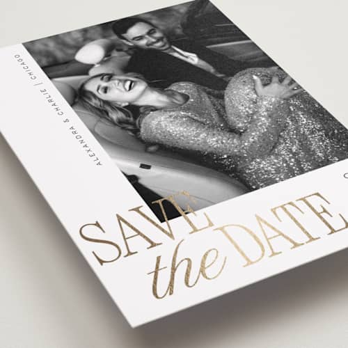 This is a pearl foil stamped save the date cards with foil pressed by Melanie Kosuge called right side printing on recycled smooth signature in grand