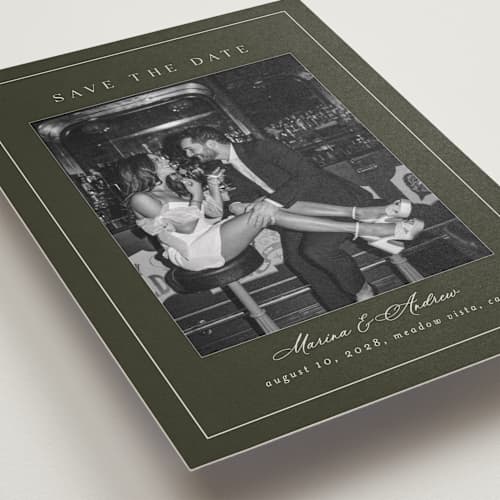 This is a olive save the date with standard by Nicole Walsh called refined printing on recycled smooth signature in grand