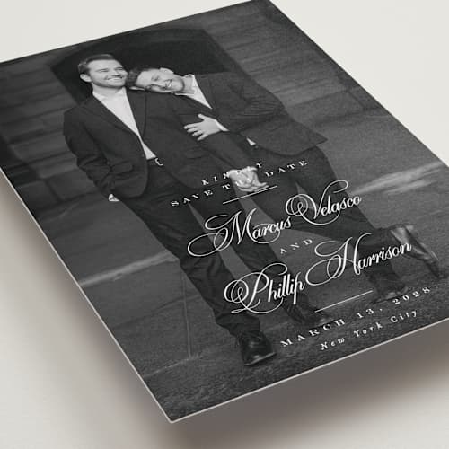 This is a newspaper save the date with standard by Lea Delaveris called grand printing on recycled smooth signature in grand