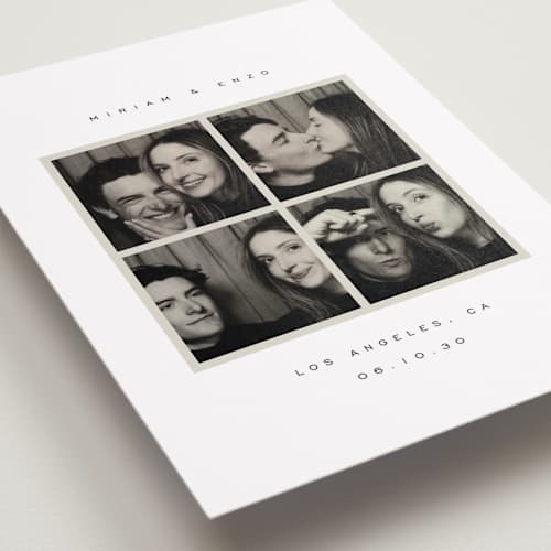 This is a powder save the date with standard by Emily Sabol Goss called snapped moments printing on recycled smooth signature in grand