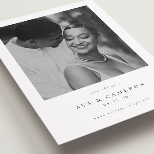This is a onyx save the date with standard by Jennifer Postorino called simple elegance printing on recycled smooth signature in grand