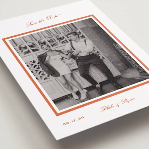 This is a orange peel save the date with standard by Megan Davis called miro printing on recycled smooth signature in grand