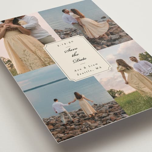 This is a cream save the date with standard by Ashley Iwafuchi called vintage wishes printing on recycled smooth signature in grand