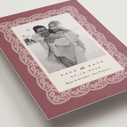 This is a mauve save the date with standard by Erica Krystek called chantilly printing on recycled smooth signature in grand