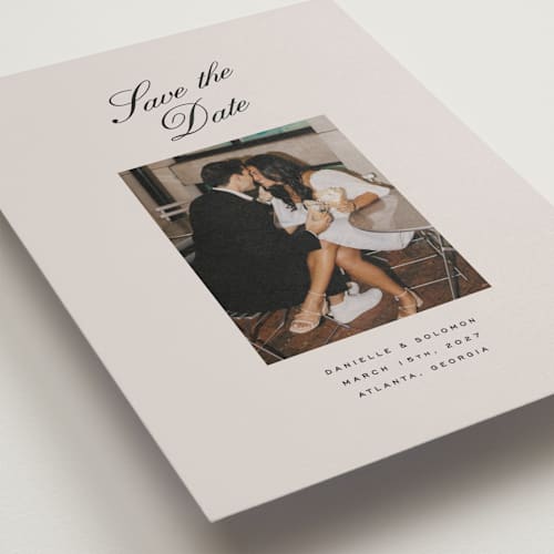 This is a clay save the date with standard by Olivia Kanaley Inman called hayworth printing on recycled smooth signature in grand