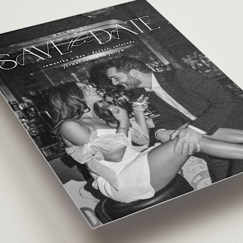 This is a pearl save the date with standard by Brooke Chandler called elegant fete printing on recycled smooth signature in grand