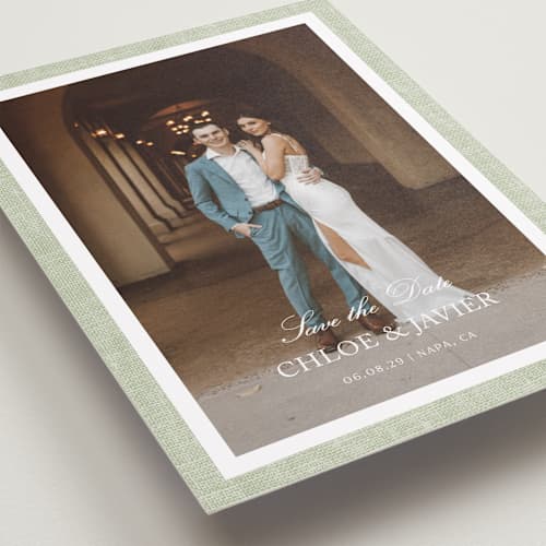 This is a garden save the date with standard by Kelly Schmidt called summer linen printing on recycled smooth signature in grand