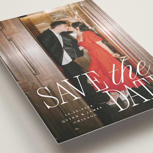 This is a snow save the date with standard by Pixel and Hank called love song printing on recycled smooth signature in grand