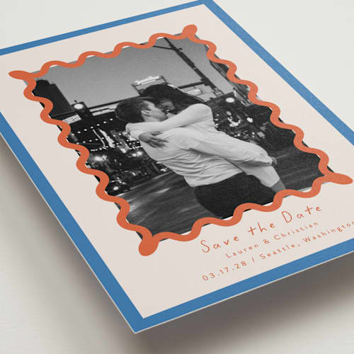 This is a papaya save the date with standard by Blustery August called party squiggle printing on recycled smooth signature in grand