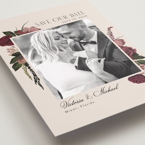 This is a merlota save the date with standard by Susan Moyal called romantics printing on recycled smooth signature in grand