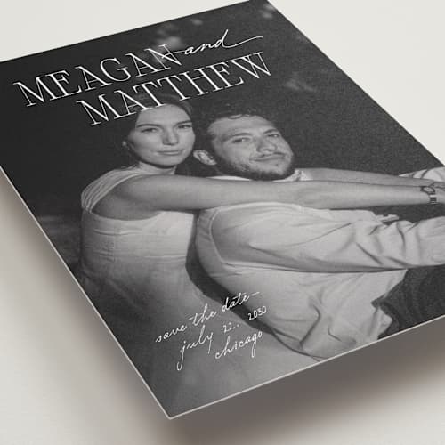 This is a pearl save the date with standard by Mellary Bitner called cover shot printing on recycled smooth signature in grand