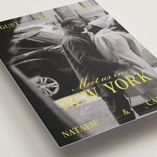 This is a sunline save the date with standard by Pixel and Hank called metro printing on recycled smooth signature in grand