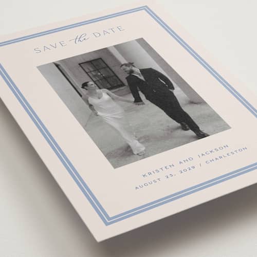 This is a periwinkle save the date with standard by Hooray Creative called twin border printing on recycled smooth signature in grand