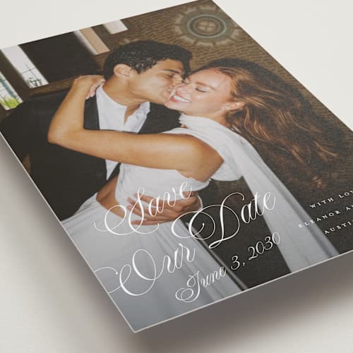 This is a pearl save the date with standard by Leah Bisch called scripted date printing on recycled smooth signature in grand
