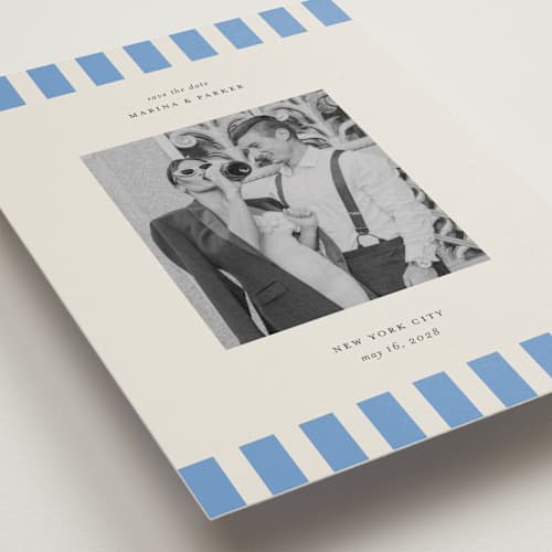 This is a sky save the date with standard by Jackie Crawford called modern border printing on recycled smooth signature in grand