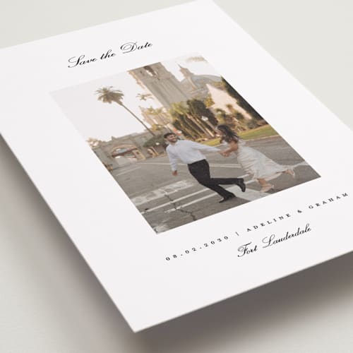 This is a snow save the date with standard by Pixel and Hank called minimal printing on recycled smooth signature in grand