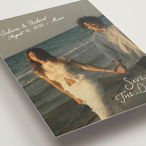 This is a moonstone save the date with standard by Creo Study called slanted printing on recycled smooth signature in grand