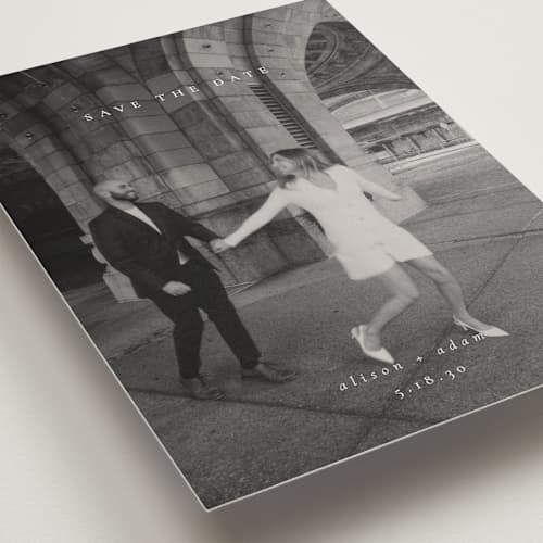 This is a cotton save the date with standard by Amy Kross called veneer printing on recycled smooth signature in grand
