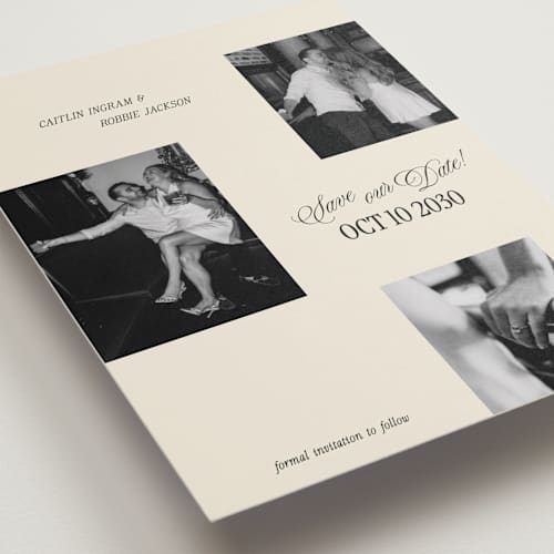 This is a cream save the date with standard by Robert and Stella called saved snaps printing on recycled smooth signature in grand