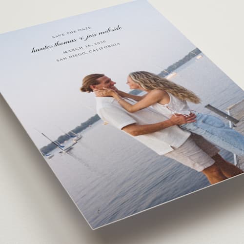 This is a tuxedo save the date with standard by Michelle Buckner called horizon printing on recycled smooth signature in grand