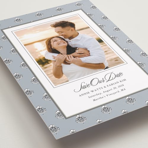 This is a classic save the date with standard by Cindy Reynolds called sophisticated charm printing on recycled smooth signature in grand