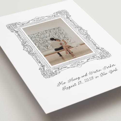 This is a diamond save the date with standard by Jenna Holcomb called sketched frame printing on recycled smooth signature in grand