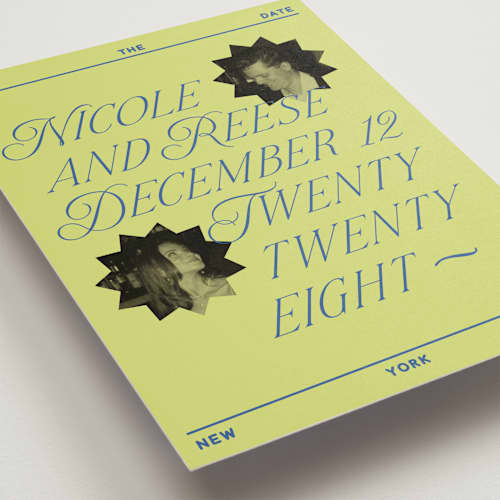 This is a chartreuse save the date with standard by Jennifer Lew called communiqué printing on recycled smooth signature in grand