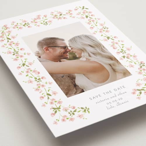 This is a peony save the date with standard by Baumbirdy called rosebud printing on recycled smooth signature in grand