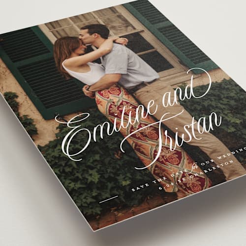 This is a cotton save the date with standard by Susan Zinader called sentimental script printing on recycled smooth signature in grand