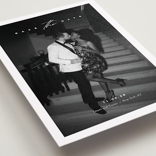 This is a diamond save the date with standard by Eric Clegg called casual elegance printing on recycled smooth signature in grand