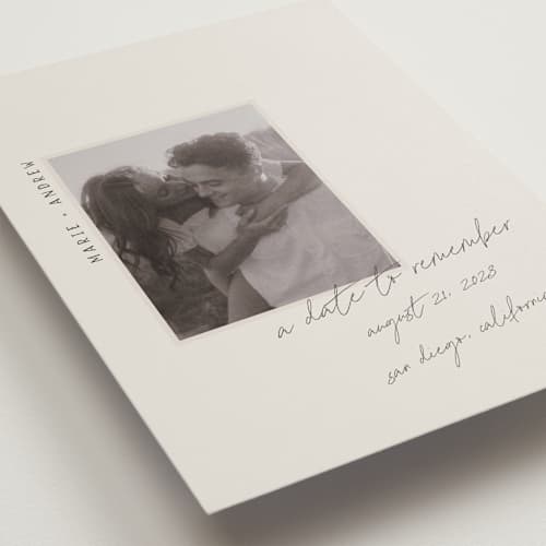 This is a truffle save the date with standard by Vera Lim called offset printing on recycled smooth signature in grand