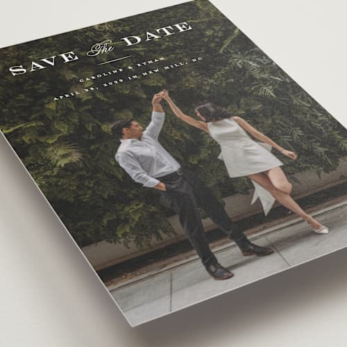 This is a gown save the date with standard by Carolyn MacLaren called proper printing on recycled smooth signature in grand