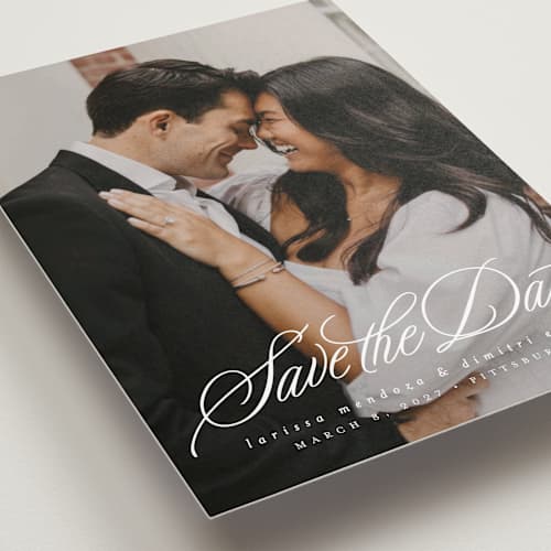 This is a pearl save the date with standard by Lea Delaveris called lovely day printing on recycled smooth signature in grand