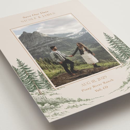 This is a forest save the date with standard by Elly called whispering pines printing on recycled smooth signature in grand