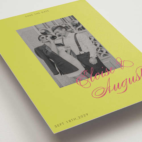 This is a flamingo save the date with standard by Morgan Kendall called maximalist poppies printing on recycled smooth signature in grand