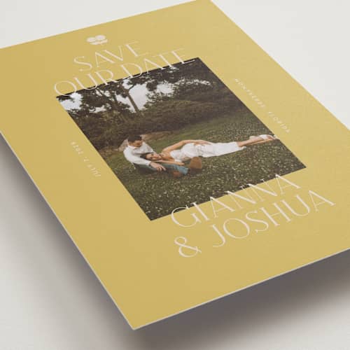 This is a summer citrus save the date with standard by Vera Lim called the gallery printing on recycled smooth signature in grand